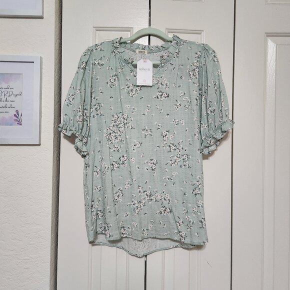 Inherit Puff Sleeve Floral Blouse – Mint with White Flowers – Size M – NWT - Picture 1 of 1